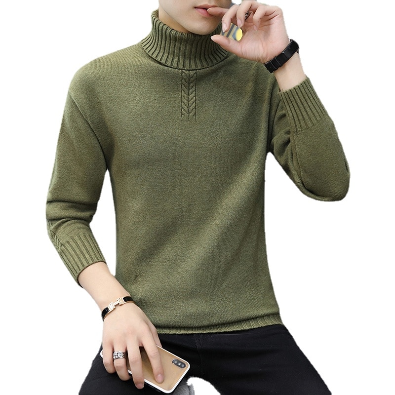 New Mens Slim Knitted Sweater Pullovers Warm Casual Solid Color High-Neck Sweater